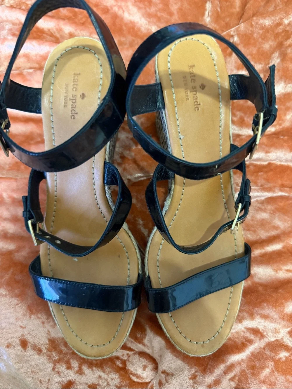 kate spade Lucie Black Patent Striped Espadrille Wedge Sandals - Size 11